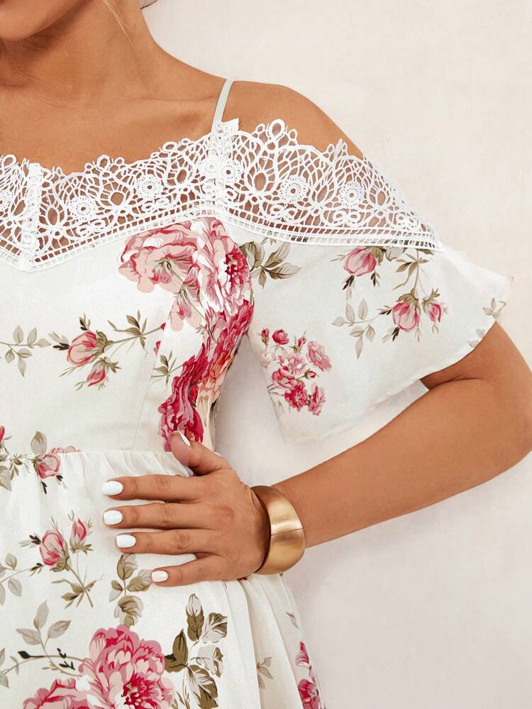 Maternity Romantic & Elegant Contrast Lace Floral Print Cami Dress