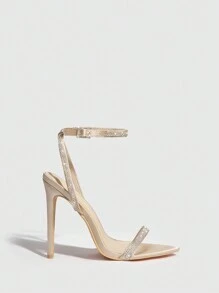 Woman Shoes Rhinestone Beige Ankle Strap High Heel Sandals For Spring And Summer - Apricot - View 4