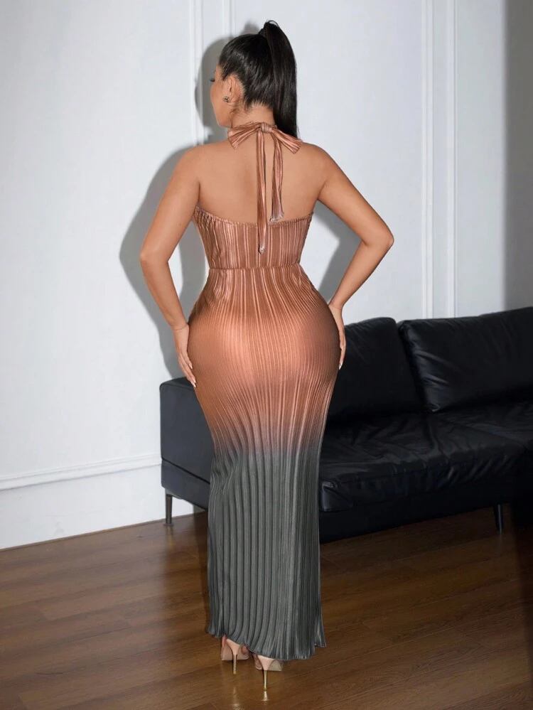 Summer Sparkling Gradient Pleated Halter Neck Sexy Dress