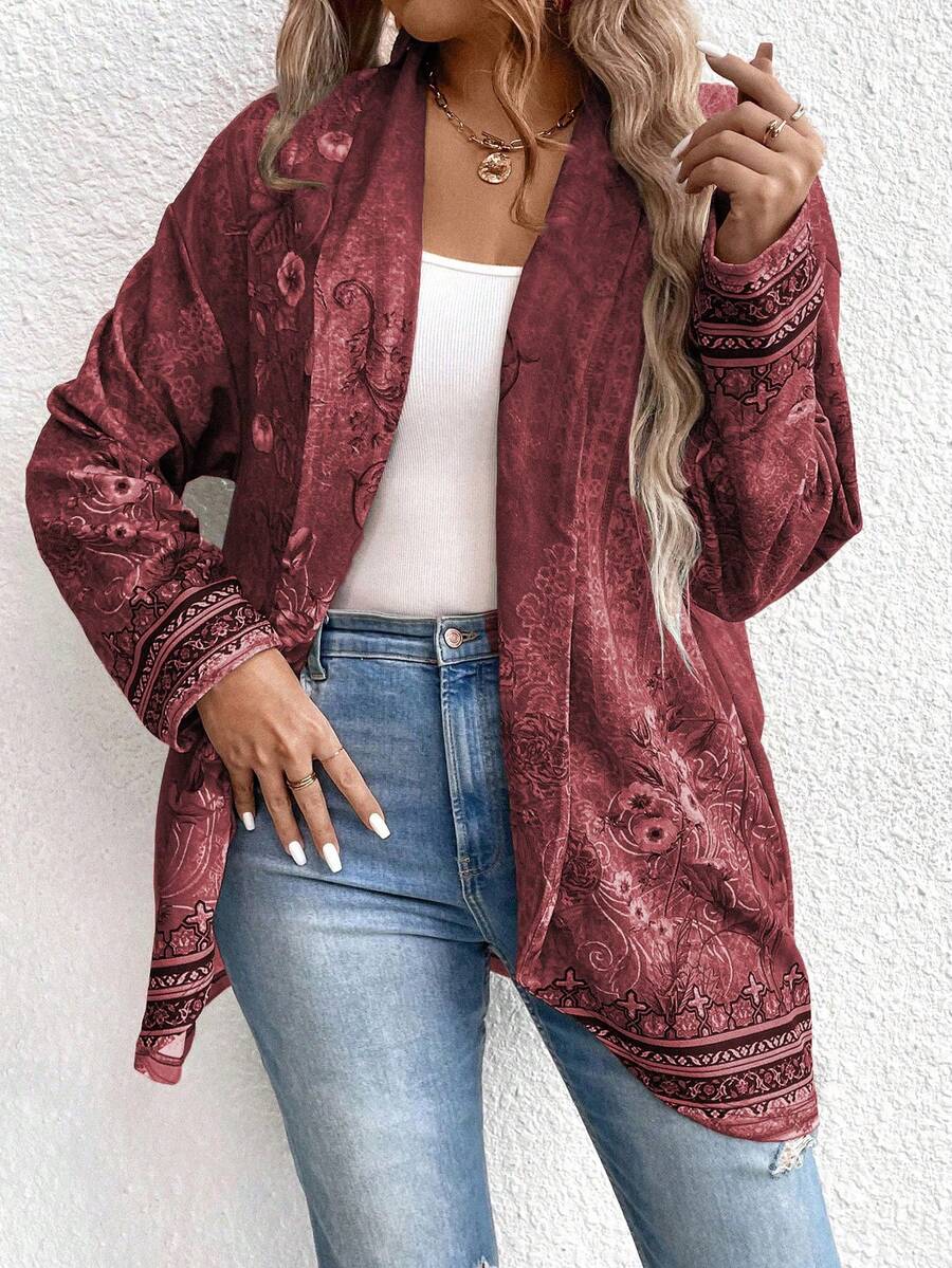 EMERY ROSE Plus Size Nữ Họa Tiết Hoa Tay Dài Hở Mặt Trước Áo Khoác Thường Ngày Cho Mùa Xuân Và Mùa Hè - Màu Đỏ Sâu - Xem 1