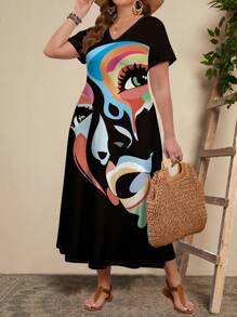 EMERY ROSE 夏季 V 领短袖印花抽象脸长款大码连衣裙，休闲修身 - 黑色 - 查看 5