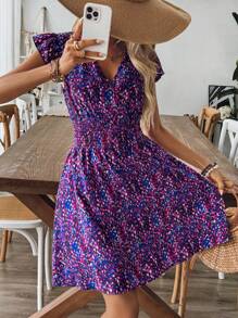 Breezaya Spring/Summer Floral V-Neck Dress With Shirred Waist, Ruffle Trim And Short Flounce Sleeves