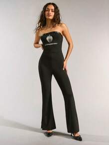 Forever 21 New Arrival Metallic Print Patchwork & Rivet Decoration Tight Fit Flared Leg Split Jumpsuit Unitard - Black - View 5
