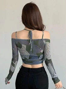 Dazy Designer 女款輕薄透膚露肩長袖上衣，掛脖抽繩設計，秋季短版外出上衣 - 紫色 - 查看 6