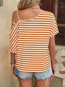 SHEIN LUNE 夏季休閒不對稱領T卹，隨機條紋，錨印花 - 橘色 - 查看 2
