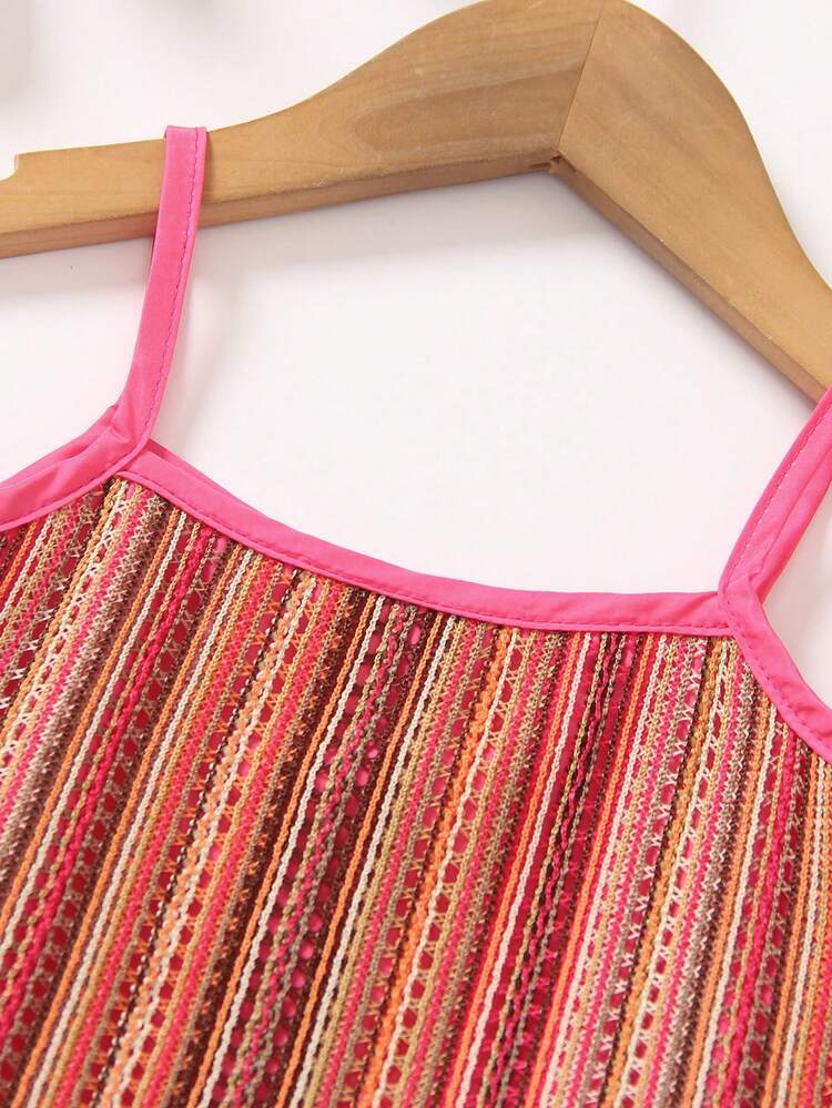 Young Girl Summer Holiday Striped Fringed Hem Cami Top And Skirt Set In Color Block
