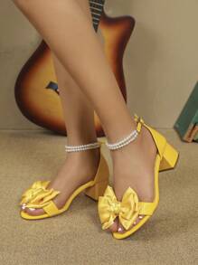 Giày Sandal Nữ Cao Gót Có Dây Ngọc Trai Và Gót Chunky, Giày Cưới Công Chúa Nơ Thời Trang Trang Trí - Màu vàng - Xem 4