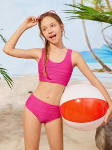 Conjunto de Tankini de Camisola de Textura de Garota Tween para Férias na Praia com Calcinha de Triângulo - Pink - Visão 1