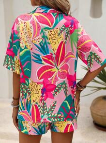 Breezaya Conjunto de camisa y pantalones cortos estampados de leopardo, flores y plantas ideal para vacaciones de verano