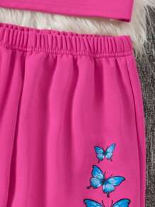 SHEIN Conjunto casual para adolescentes compuesto por camiseta de cuello redondo y manga corta estilo high low de unicolor para verano con estampado de mariposas, top de tirantes tipo camisola y pantalón con cordón ajustable - Rosa Fucsia - Ver 3