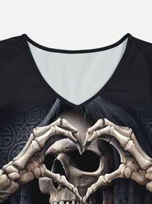 INAWLY Camiseta informal de manga corta con estampado de calavera y flor de cerezo para mujeres de talla grande