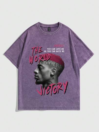 Street Life Character Printed Vintage Washed Crinkle T-Shirt For Spring And Summer High Street Style