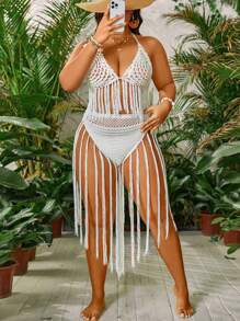 Slaydiva Summer Beach Plus Size Crochet Back Knot Halter Neck Top & Shorts Matching Two Pieces Set - White - View 5