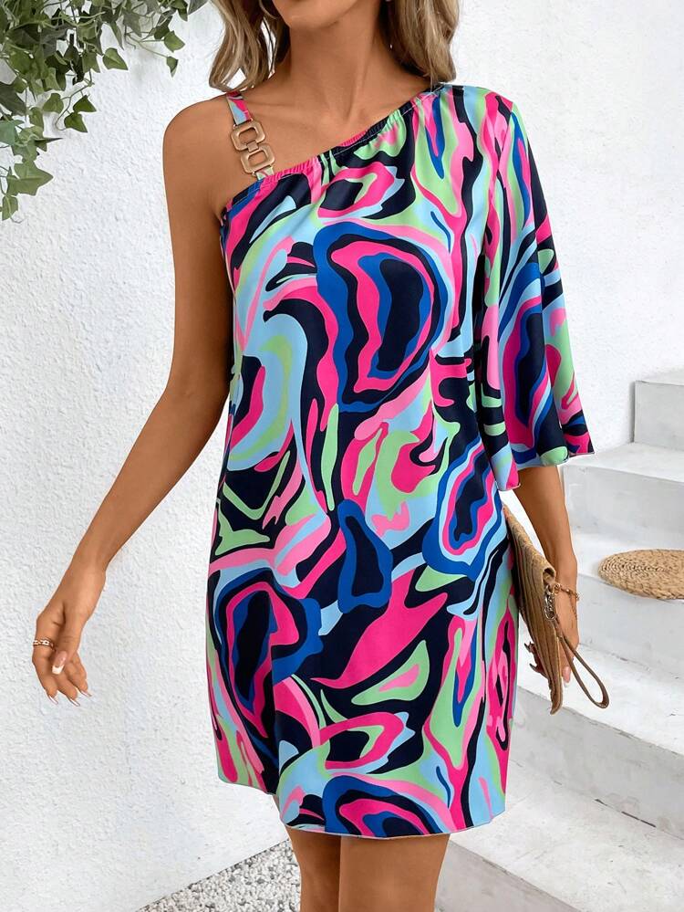 Holiday Leisure Random Printed Asymmetric Neckline Dress
