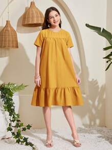 SHEIN Teen Girl Solid Color Bubble Pleated Ruffle Edge Casual Dress - Yellow - View 5