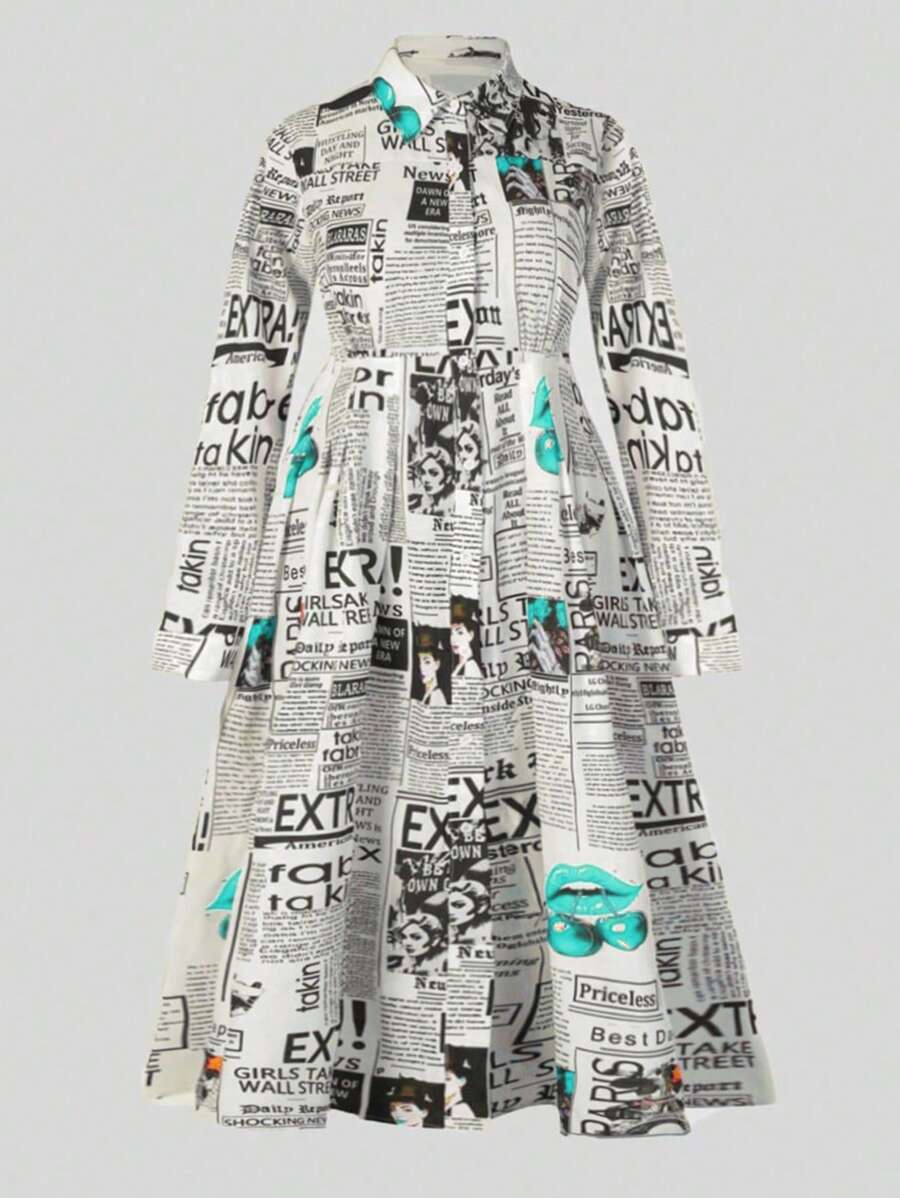 SHEIN Coolane 大尺碼女性時尚報紙印花連衣裙 - 彩色 - 查看 1
