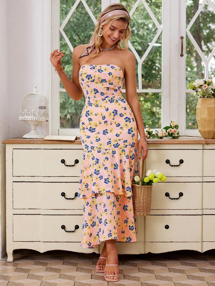 GENKIRA Vestido de estilo francés romántico de dos tonos con estampado floral, corte de sirena y cintura curvada con múltiples capas para mujeres, verano - Multicolor - Ver 1