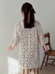 FRIFUL Damen Strand lässig Jakobsmuschelbesatz Pointelle Strickjacke