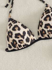 SHEIN Swim 2 piezas Top de bikini de unicolor y estampado de leopardo, conjunto de bikini de vacaciones de playa, bikini triángulo estampado de leopardo de verano