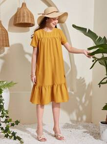 SHEIN Teen Girl Solid Color Bubble Pleated Ruffle Edge Casual Dress - Yellow - View 4