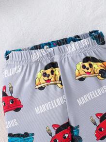 寶寶男孩可愛汽車圖案緊身圓領T恤和短褲套裝，家居休閒舒適緊身設計 - 灰色 - 查看 4