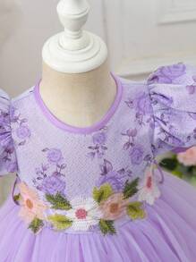 Stickerei-Mesh-Kontrast-Puffärmel Hübsches Kleid für Baby-Mädchen