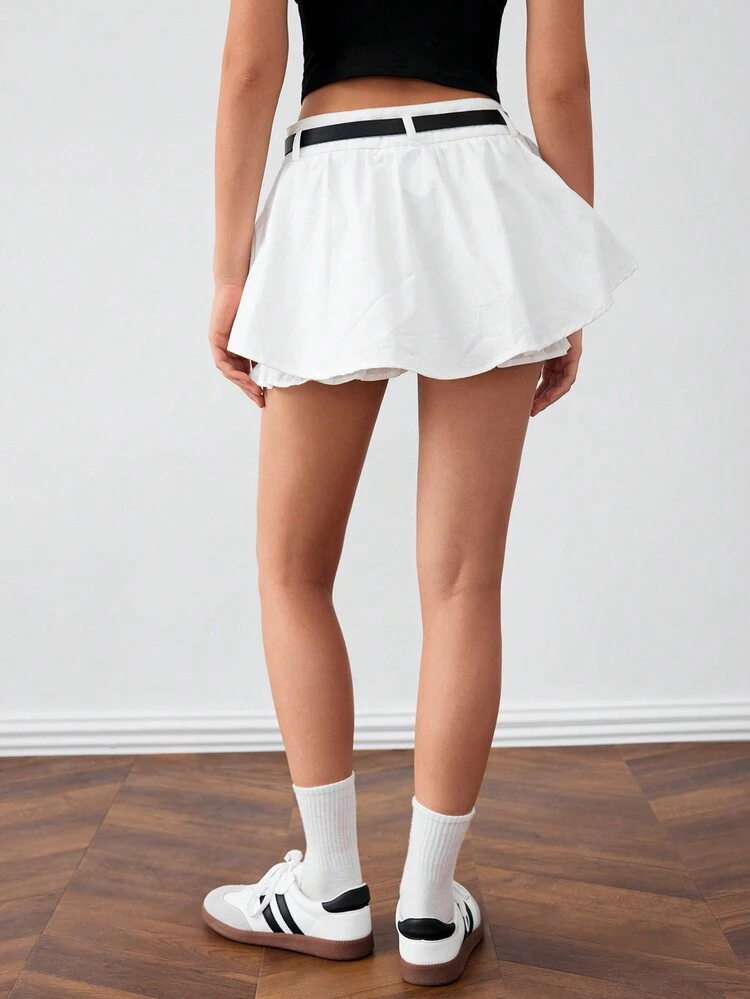 Women Fashionable Solid Color Double-Layered Skort