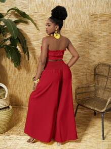 Slaydiva Bộ đồ nghỉ hè cho nữ áo crop top xù lông và quần ống rộng dáng rộng - Đỏ - Xem 2