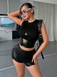 SHEIN SXY 夏季性感PU拼接修身短款俱樂部背心 - 黑色 - 查看 3