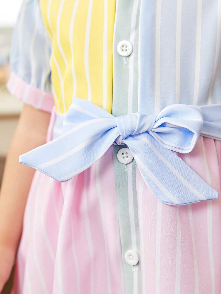 Baby Girl Spring/Summer Colorful Sweetheart Collar Patchwork Dress, Suitable For Outdoor Activities