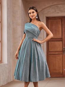 SHEIN Belle Elegant, Luxurious And Fashionable Women's Clothing, With Asymmetric Shoulder Folding Decoration, High Waist A-Line Design, And Umbrella-Shaped Edging. Suitable For Mother's Day, Back-To-School Season, Graduation Parties, Tea Parties, Dates, Cocktail Parties And Other Occasions.