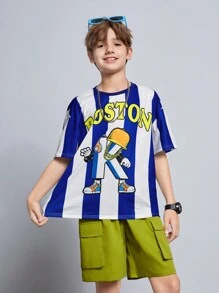 Tween Boy Loose Fit Áo thun ngắn tay họa tiết hoạt hình sọc đơn giản và quần short - trắng - Xem 6