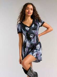 Forever 21 Women Lace Patchwork Star Moon Print Music Festival Spring Summer Short Sleeve Dress - Black - View 1