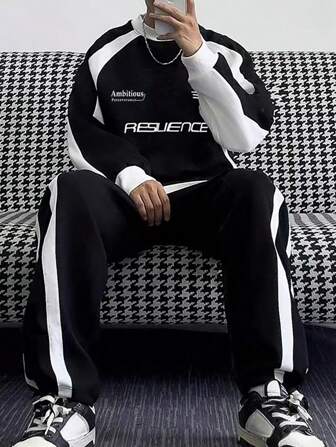Manfinity Roghcode Men's Letter Printed Colorblock Sweatshirt And Joggers, Going Out Track Suit, Men's Jogger Set, Men's Tracksuit Set, Designer Sweatsuit, Men Street Wear Sets, Men Black And White Set, Fall Clothes