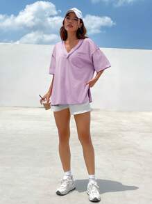 SHEIN EZwear Casual Loose Knit Women V-Neck T-Shirt