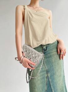SHEIN Privé Damen modischer asymmetrischer Schulter Top mit Twist Knoten Design in Unifarbe - Aprikosenfarben - Übersicht 6