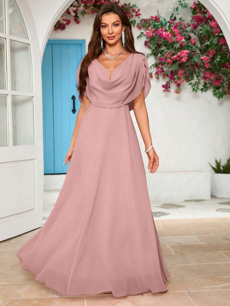 Solid Color Chiffon Draped Neck Bridesmaid Dress - Dusty Pink - View 1
