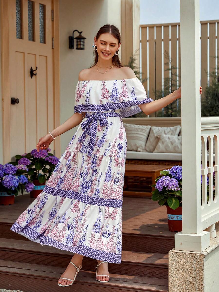 GENKIRA 夏季假日休闲植物印花拼接露肩收腰连衣裙 - 彩色 - 查看 1