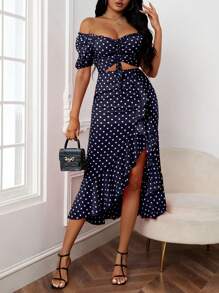 Chiquease Bộ váy trễ vai in họa tiết chấm bi mùa hè và viền nhún bèo cho nữ (In ngẫu nhiên) - Xanh đậm - Xem 1