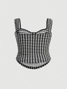SHEIN MOD Plus Size Summer Casual Houndstooth Print Cami Top & Ruched Bodycon Skirt Set - Blue and White - View 6