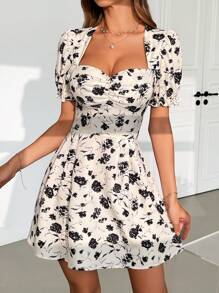 Firerie 女性花卉印花荷葉邊裝飾胸部泡泡袖迷你A字裙