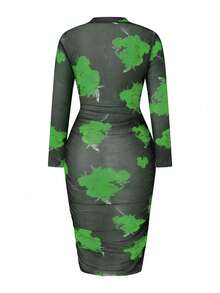 SHEIN Clasi Đầm bodycon dài tay in hoa thời trang cỡ lớn - màu xanh lá - Xem 2