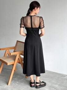 FRIFUL Đầm maxi dài tay phồng cổ tròn phối ren dành cho nữ, đầm maxi xuyên thấu. - màu đen - Xem 5