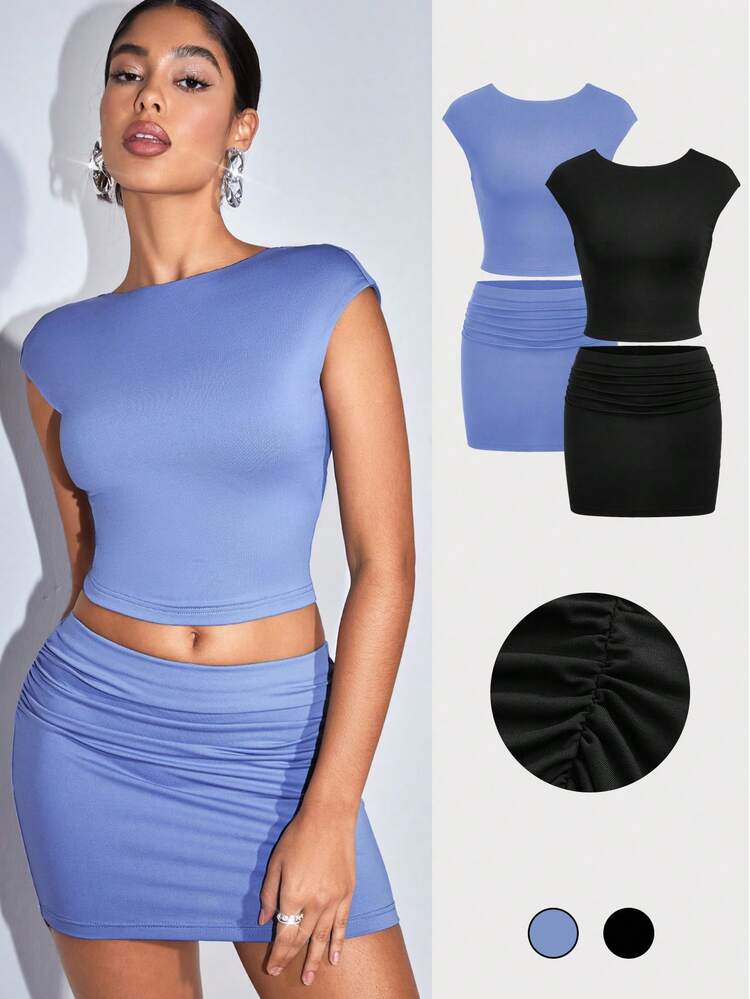 Ladies' Plain Round Neck Slim Fit T-Shirt And Pleated Skirt Two Pieces Set