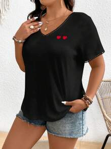 SHEIN Frenchy 大码波西米亚风 V 领爱心印花夏季休闲短袖 T 恤
