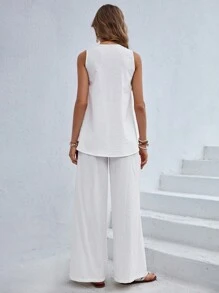 SHEIN Essnce White Asymmetrical Hem A-Line Tunic Loose Wide Leg Pants Casual Holiday Set