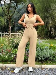 SHEIN PETITE 女士纯色正面纽扣背心和直筒裤两件套 - 駝色 - 查看 3