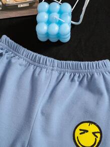 SHEIN Baby Boys' Round Neck Short Sleeve Expression & Letter Printed T-Shirt And Long Pants Set - Dusty Blue - View 7