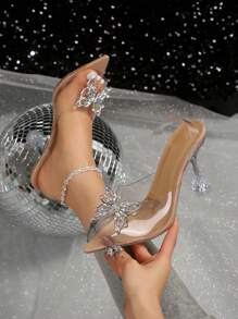 女士新款仙女风格杏色水钻蝴蝶透明水晶鞋，尖头迷人优雅派对水晶高跟鞋，9厘米高跟凉鞋 - 杏色 - 查看 2