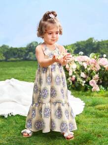 女婴休闲甜美度假露背连衣裙，带荷叶边饰边，适合外出和度假 - 彩色 - 查看 7